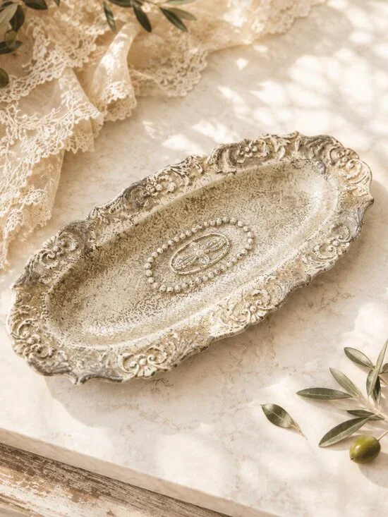 Vintage French Country Ornate Oval Vanity Tray With Intricate Dragonfly Design