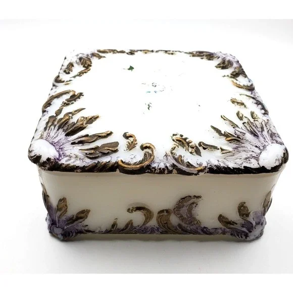 Vintage Westmoreland White Milk Glass Gold & Purple Trinket Dresser Box