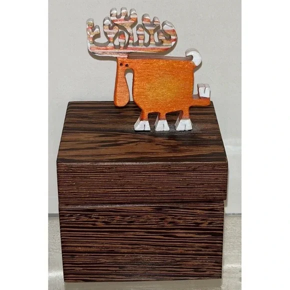Beautiful Wooden trinket dish With Orange Moose‎ On Top