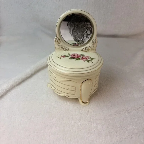 Vtg Porcelain Jewelry Trinket Box Floral Roses Dresser Real Round Mirror Vanity