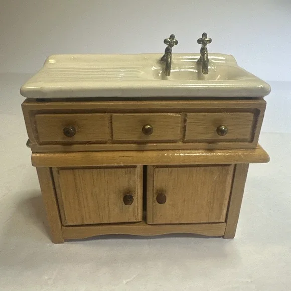 Vintage Dollhouse Miniature Doll Furniture Porcelain Sink with Wood Cabinet 4x2
