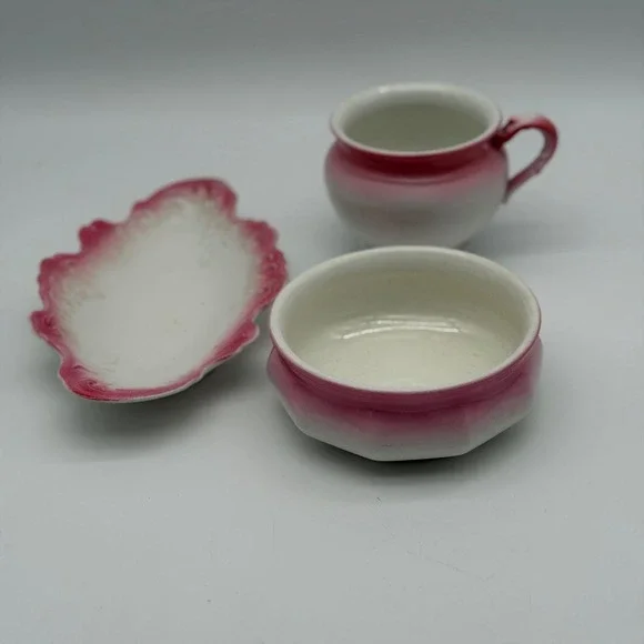 Antique E.P.P. Co Vashti Pink Ombre Ironstone Set Cup Bowl Tray 3pc Victorian