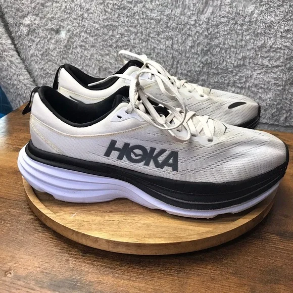 Hoka Bondi 8 Running Shoes Mens 10D White Black Max Cushion Road Walking Sneaker