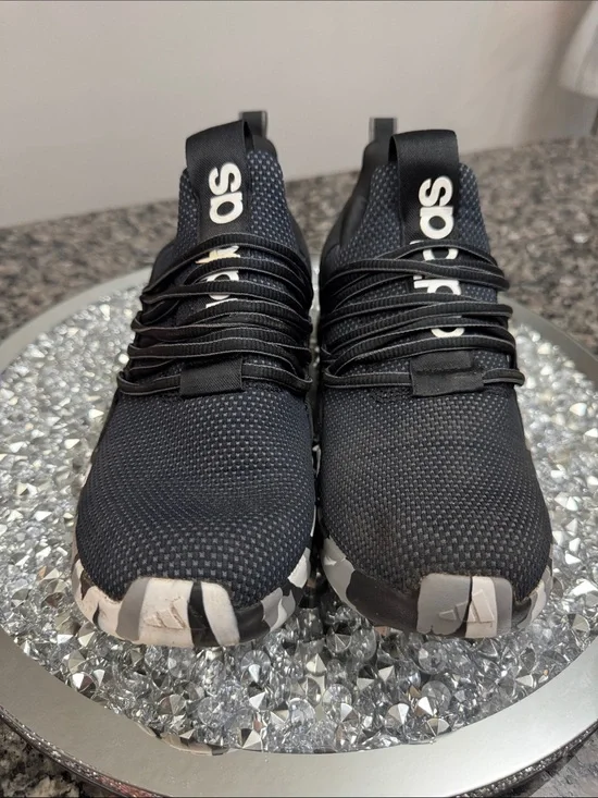 adidas Black Knit Slip-On Sneakers with Black and White Camouflage Sole