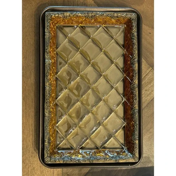 Vintage Art Nouveau/Hollywood Regency/MCM Lucite Tray Quilted Faux Brass‎ Trim
