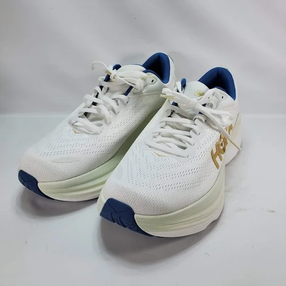 Hoka Bondi 8 Running Shoes Mens 10.5 White Gold Blue Cushioned Road Sneakers