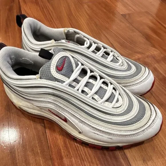 Nike Men’s Air Max 97 White Gray Red Black Solid Low Top Sneakers size 9.5