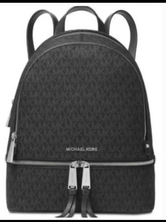 Michael Kors Rhea Medium Signature Backpack Handbag Black with Silver Hardware