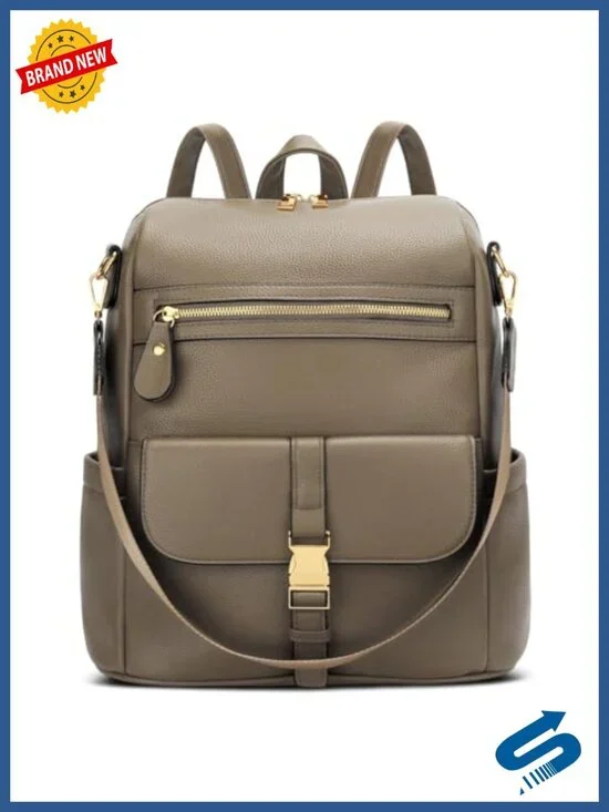 Multi-Pocket Faux Leather Backpack Purse with Anti-Theft Lock and Luggage Strap