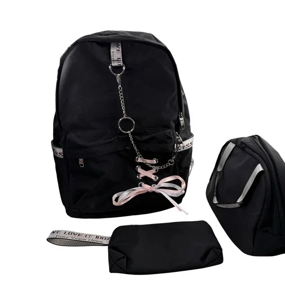 NWT Hey Yoo 3pc Backpack Set USB Port Black Ribbon Corset Goth Coquette Bag