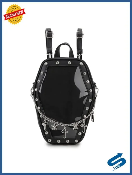 Gothic Coffin Shape Fashion Backpack - Vegan Leather Ita Bag with Clear Window