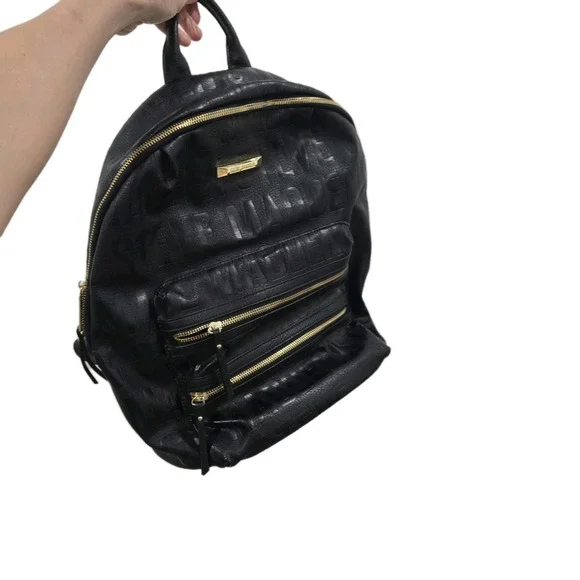 Steve‎ Madden Black Pebbled Vegan Leather Backpack Embossed Logo Gold...
