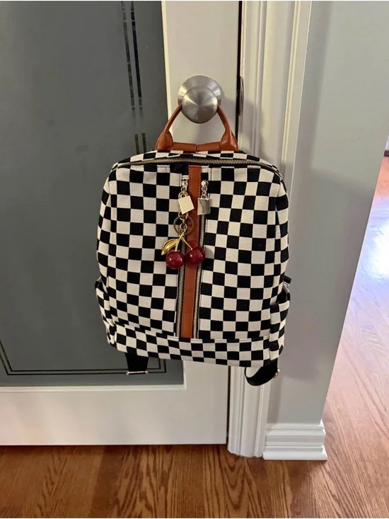 Black & White Checkered Canvas Backpack with Brown Trim & Matching Wristlet