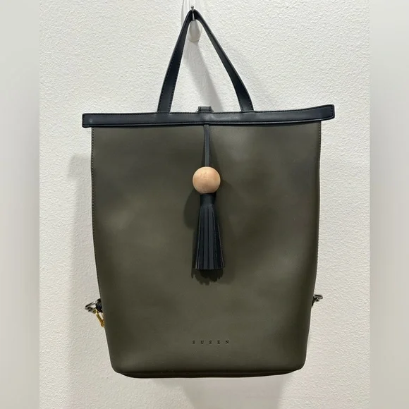 Susen Dubai Olive Green Tote Bag backpack with Black Accents Tassel