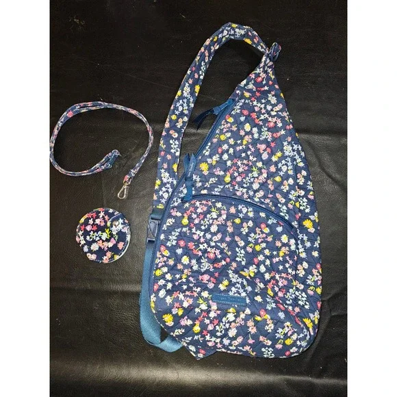 Vera Bradley Scattered Wildflowers Essentials Sling Backpack Lanyard & Mirror