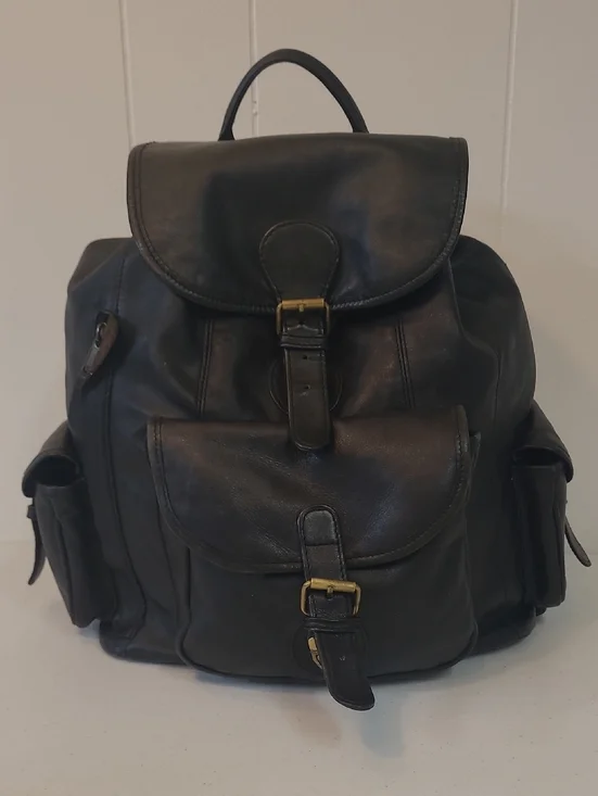 M. London Vintage Black Leather Patinaed Backpack Multi Pocket Drawstring Close
