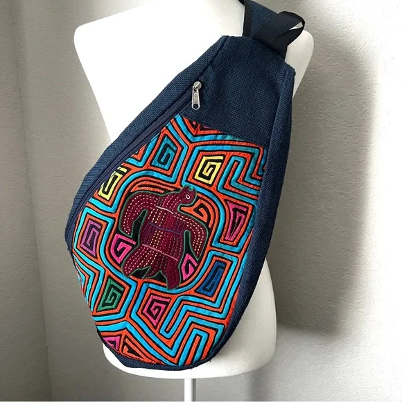 Burlap Sling Bag Backpack Abstract SeaTurtle Design Navy Blue Colorful Appliqué