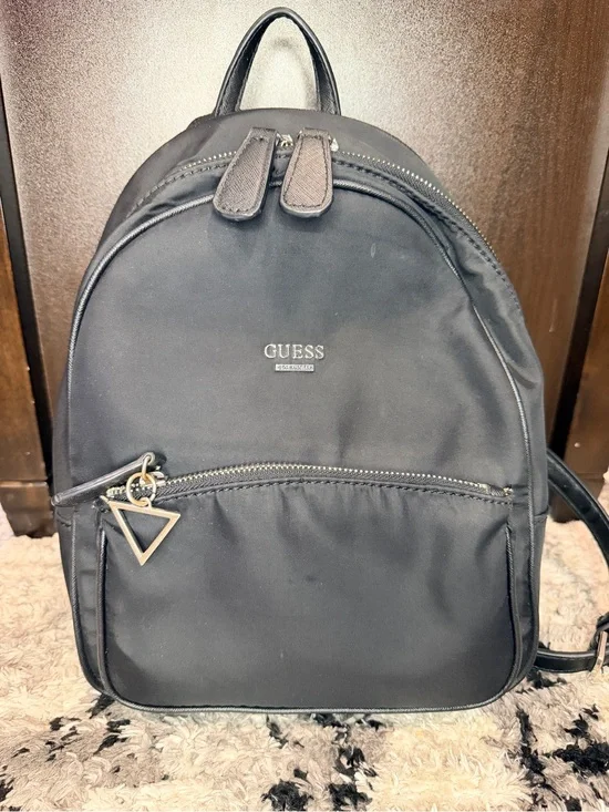 GUESS Black Nylon Mini Backpack with Triangle Charm