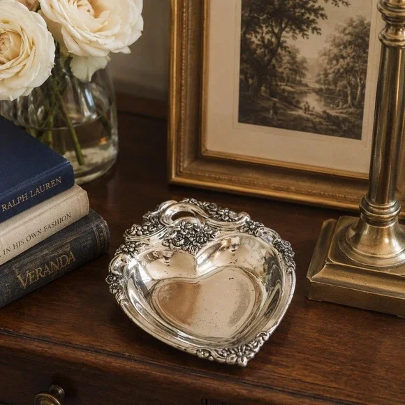 Vintage Heart Silver Plate Trinket Dish Floral Repousse Rose Japan Catchall 6