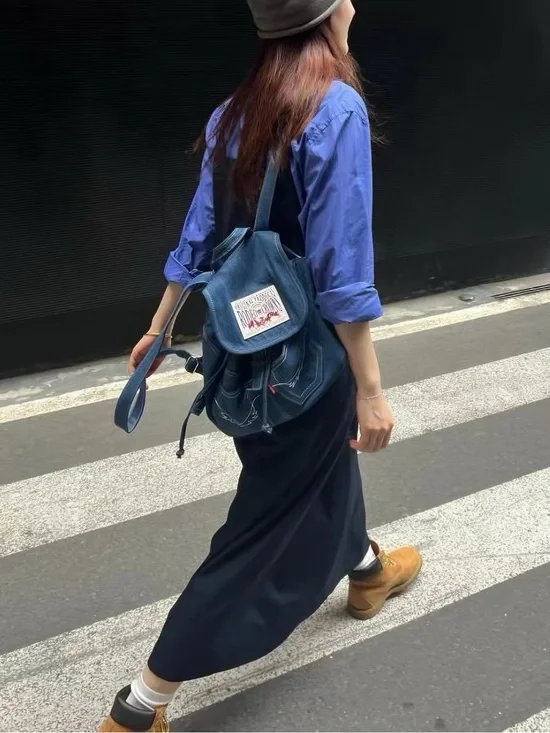 Vintage Denim Drawstring Backpack | Contrast Stitch Utility Bag