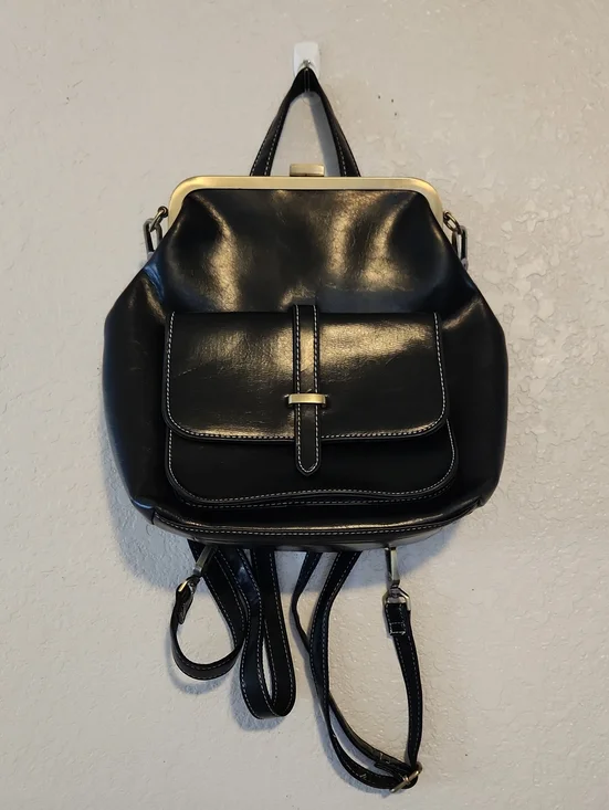 Structured Black Leather Backpack with Gold-Tone Frame