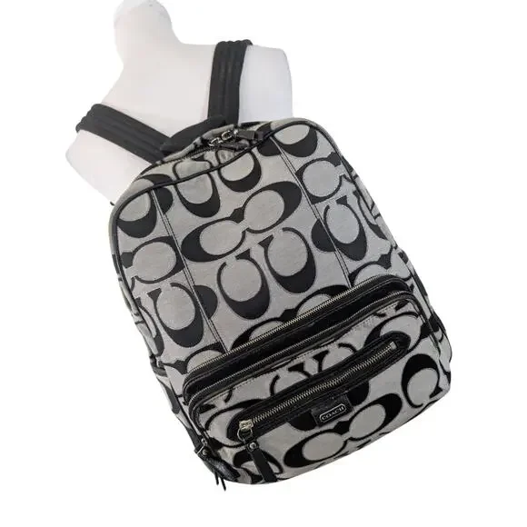 COACH! FAB BLACK, GRAY & SILVER MONOGRAM VINTAGE FULL SIZE BACKPACK, BAG, PURSE!