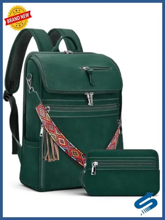 Faux Leather Laptop Backpack for Women Work Travel Daypack