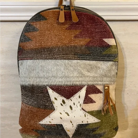 NWT- Myra Bag Hair-On Cowhide 100% Leather BoHo Star Canvas Backpack