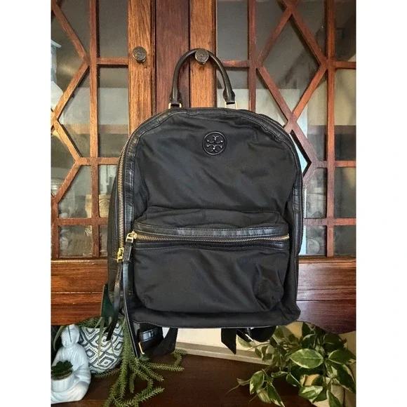Tory Burch Black Nylon Backpack Gold Hardware Green Quilted Interior