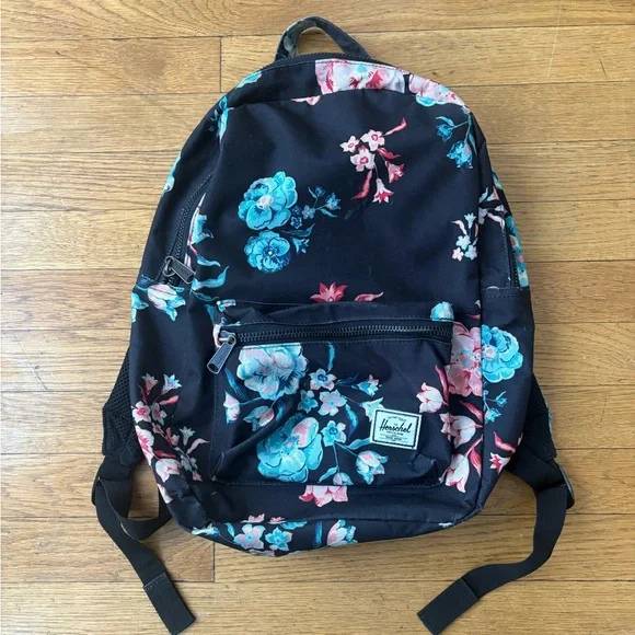 Herschel Backpack Black w/ Multicolor Floral Pattern Striped Lining Front Pocket