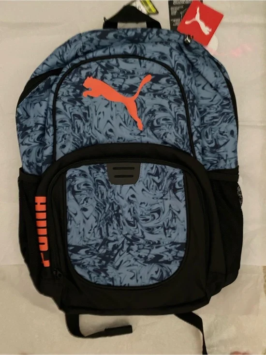 Puma Blue Marble Backpack with Orange Logo Accent