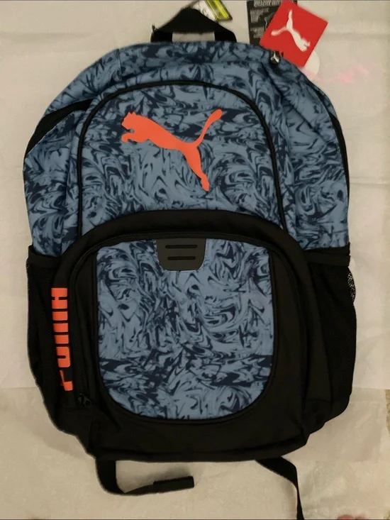Puma Blue Marble Backpack with Orange Logo and Black Accents