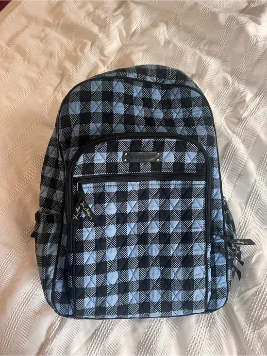 Vera Bradley Black and Light Blue Check Quilted Backpack