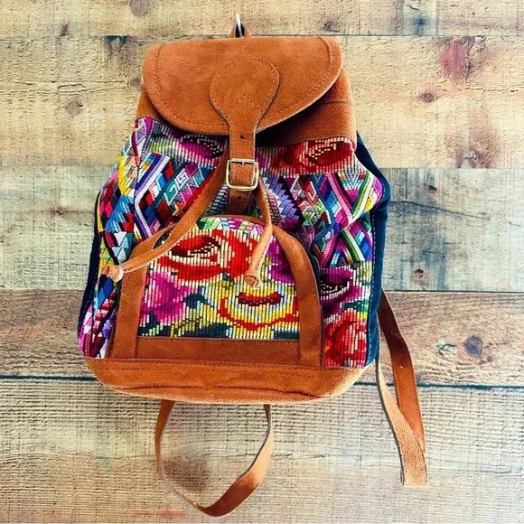 NWOT Guatemalan Embroidered Huipil Leather Backpack