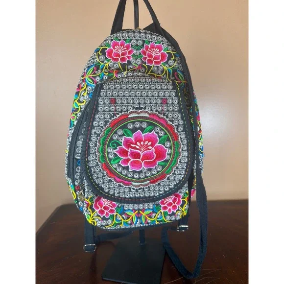 Boho‎ Floral Embroidered Mini Backpack Sling Bag Black Pink Lotus Folk Art
