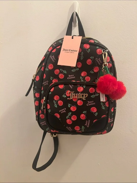 Juicy Couture Black Cherry Print Mini Backpack with Red Pom-Pom