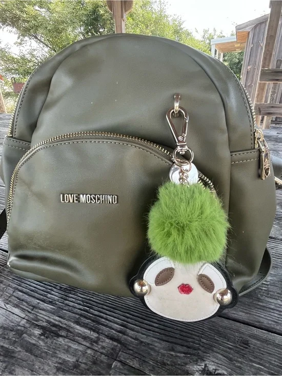 Love Moschino  Olive Green sm Backpack with Green Pom-Pom Charm