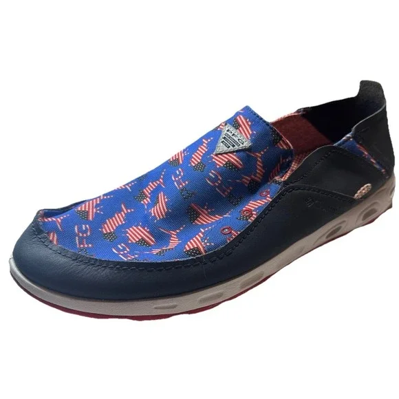 Columbia Mens PFG Slip On Shoes Canvas American Flag Fish Bahama Vent Boat Sz 12