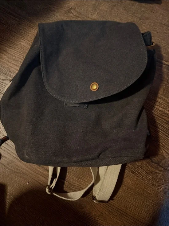 Toms Black Mini Canvas Flap Backpack with Cream Straps