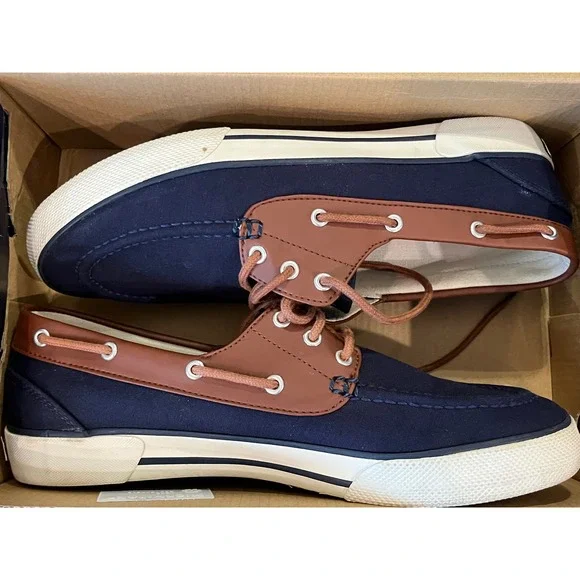 Polo Ralph Lauren Franz Mens Boat Shoes Navy Blue Brown Canvas Loafers Size 9D