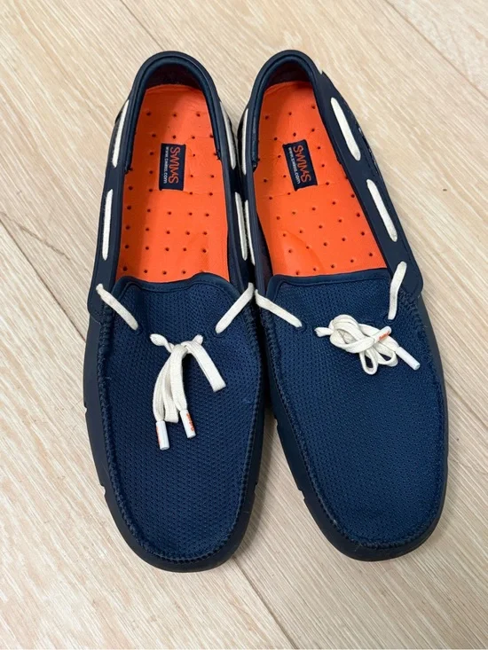 Swims Navy Mesh Boat Shoes with Cream Laces and Orange Insoles