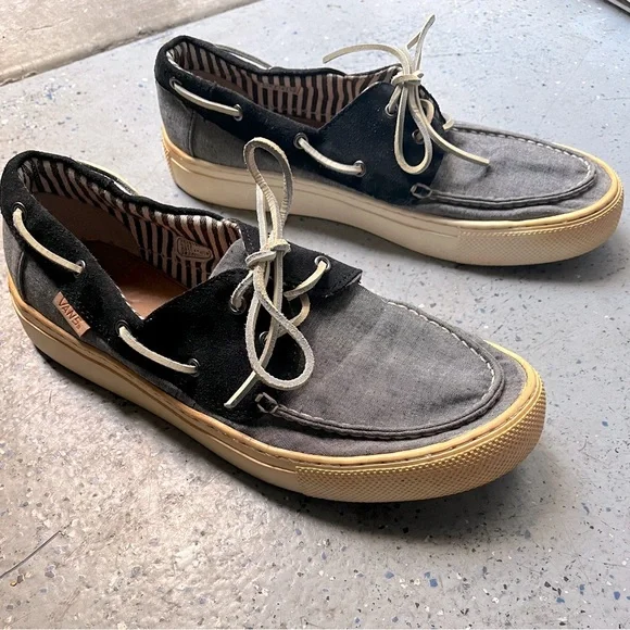 Vans Boat Deck Dock Black Suede Grey Canvas Upper Shoes 10