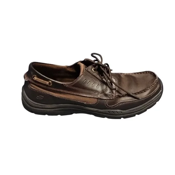 Skechers Boat Shoes Mens Size 11.5 Brown Leather Relaxed Fit‎ Memory Foam 64114