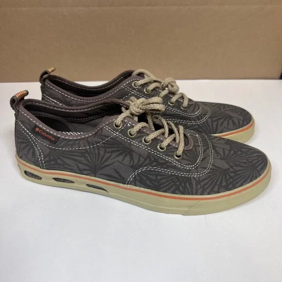 Columbia PFG‎ Mens Boat Shoes Size 8 Gray Palm Print Canvas Sneakers Fish Vented