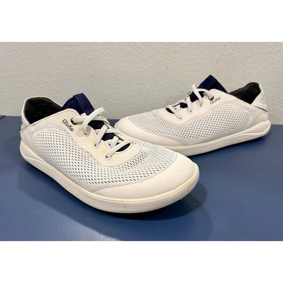 OluKai Moku Pae White Mesh Boat Shoes Sneakers Mens 9 See pics Fold Drop In Heel