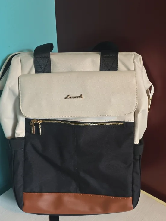 Two-Tone Black & Cream Backpack with Brown Trim
