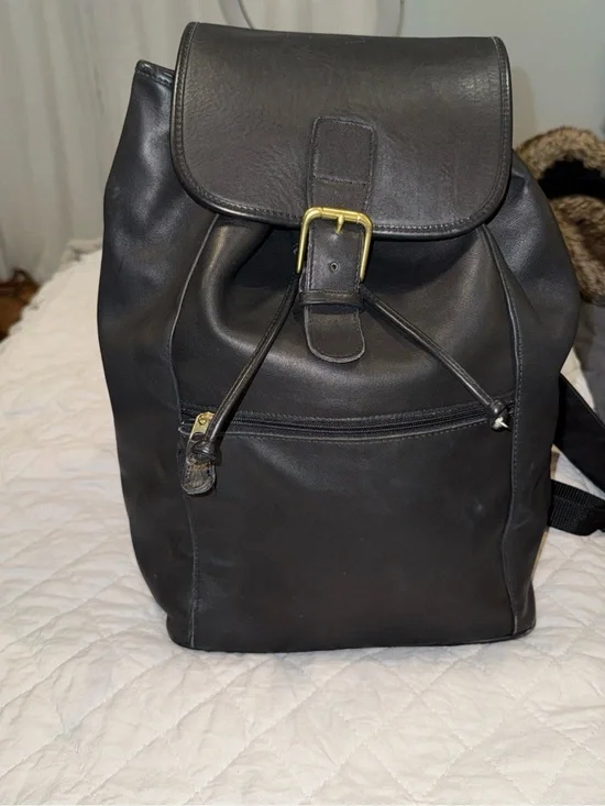 Coach Black Leather Buckle Drawstring Backpack with Front Zip