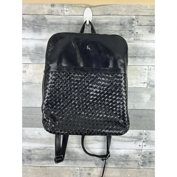 Ashbrook Black Leather Bookbag With Weaving Pattern Bag