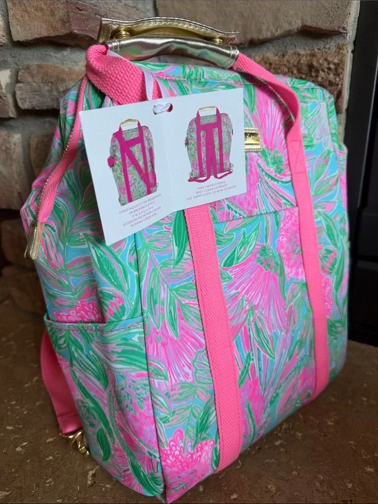 New - Lilly Pulitzer Insulated Pink & Green Floral Backpack with Gold Hardware