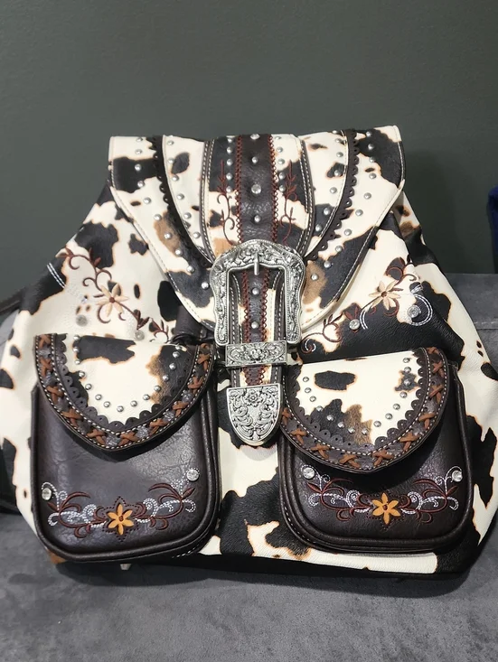 Cow Print & Brown  Western Buckle Backpack - Unbranded